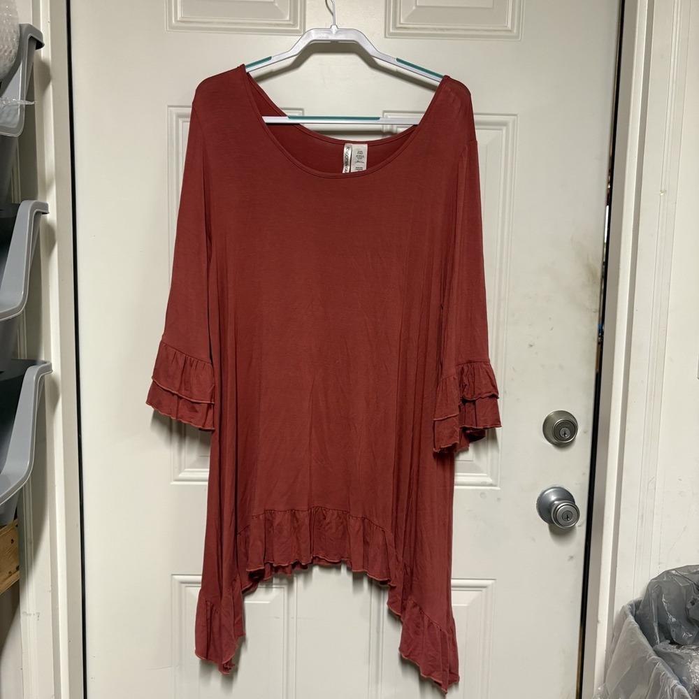 Forgotten Grace Boho Chic Tunic Rust Women's 3/4 Sleeve Ruffled Details Size XXL